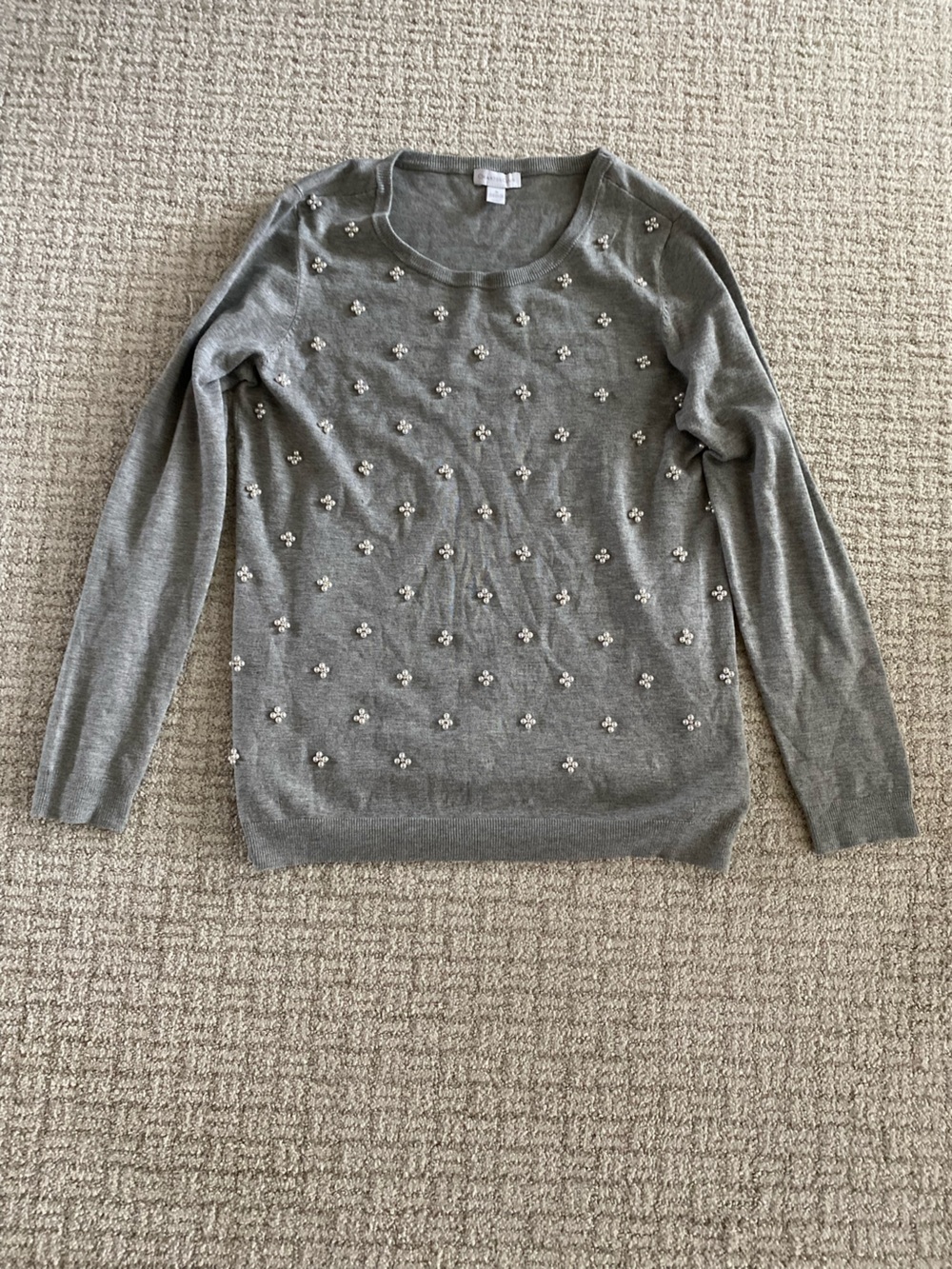 Charter Club Gray Crewneck Sweater with Pearl Flower Embellishments